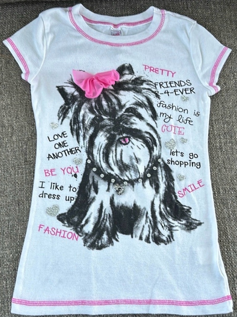 Beautees Girls White Yorkie Puppy Graphic T-Shirt Size Small 5/6 Pink Stitch Tee
